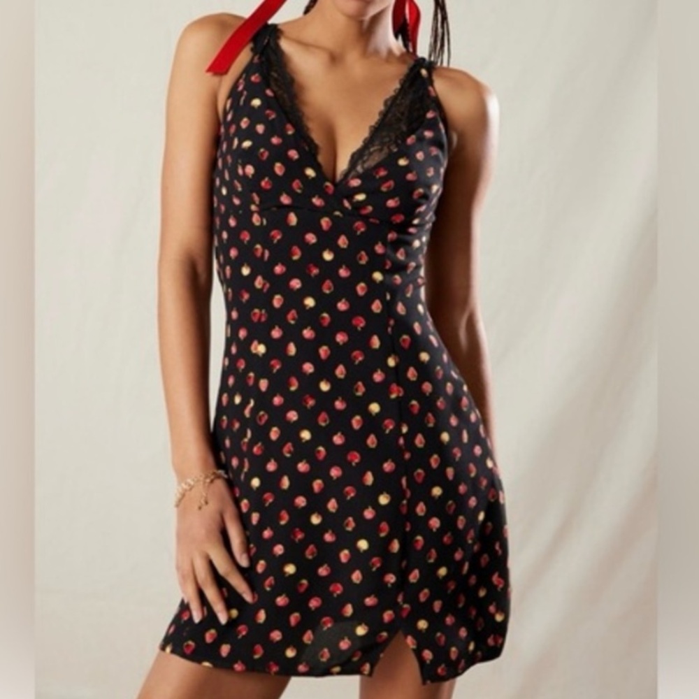 🟤NWT KIMCHI BLUE Hana Back Halter Polka Dot Mini Dress in Black/Multi LG